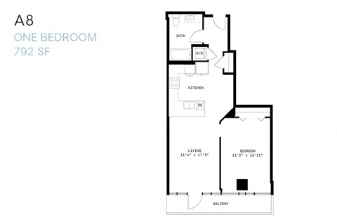 Floor plan for 1 bed, 1 bath, 792 sqft